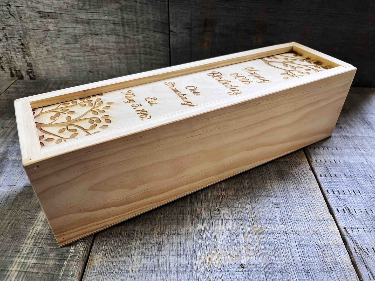 Custom Engraved Pine Wine Boxes - Design 32 Happy Birthday.