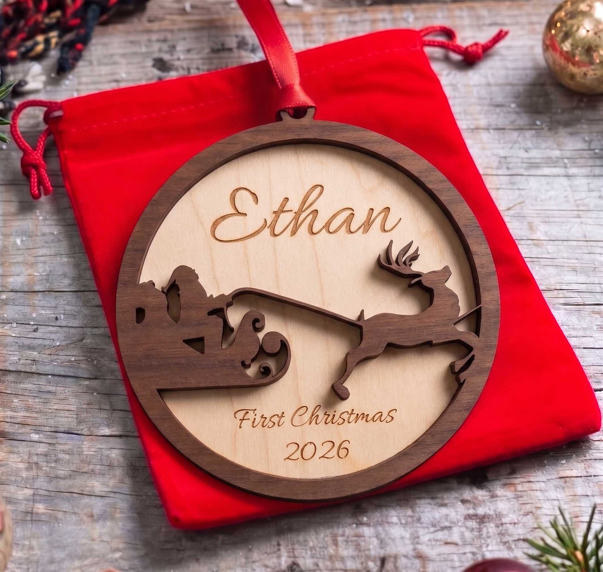 Baby's First Christmas Ornament | Santa Sleigh | Custom Laser Engraved Maple Wood