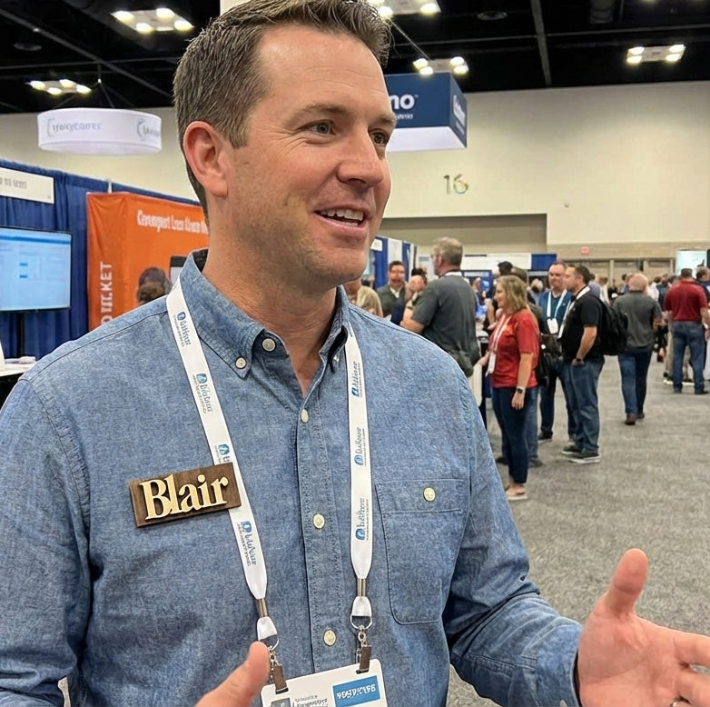 Man in a blue shirt with a 'Blair' name tag at a convention