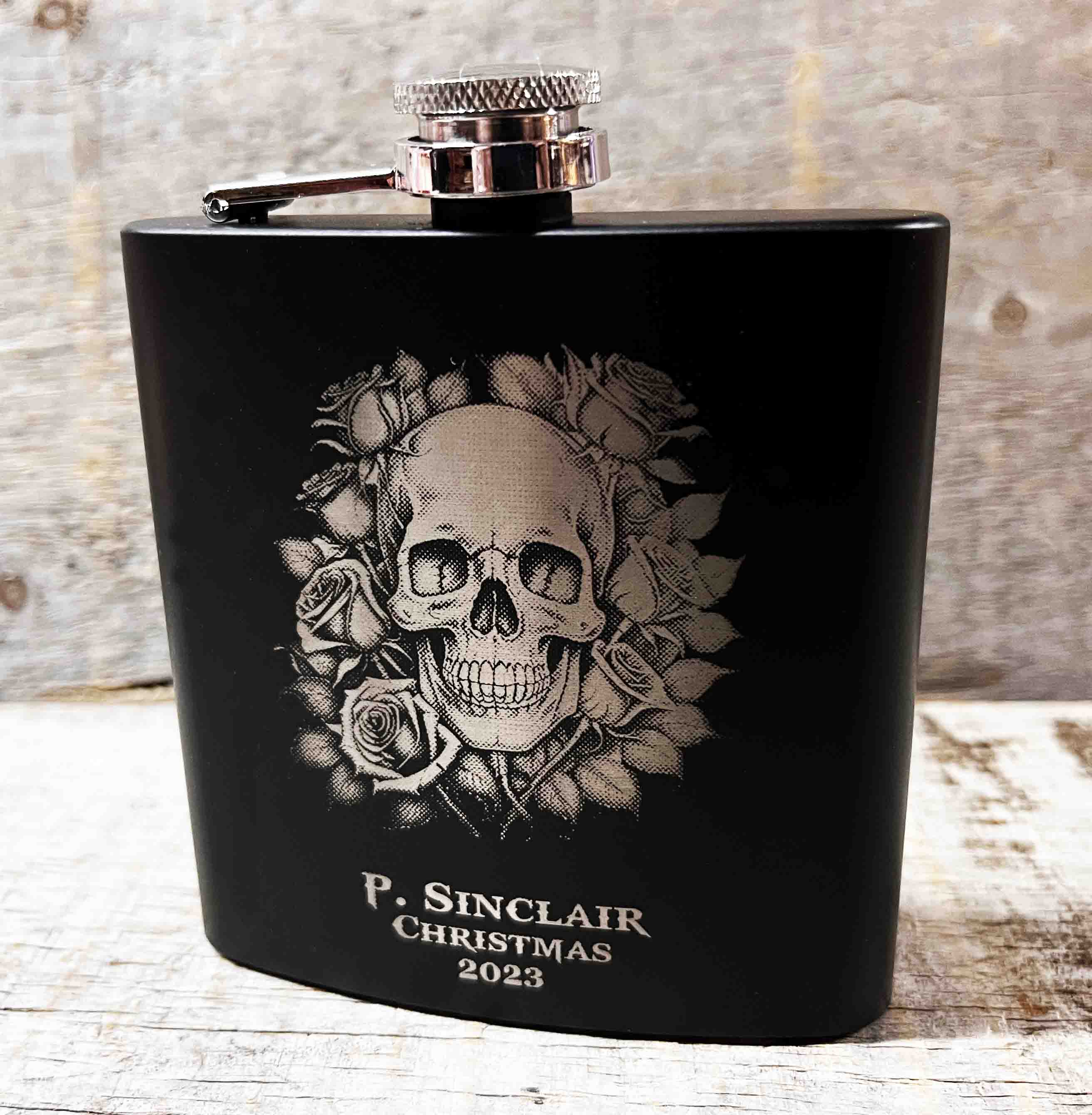 Custom Engraved Flask - Skull and Roses