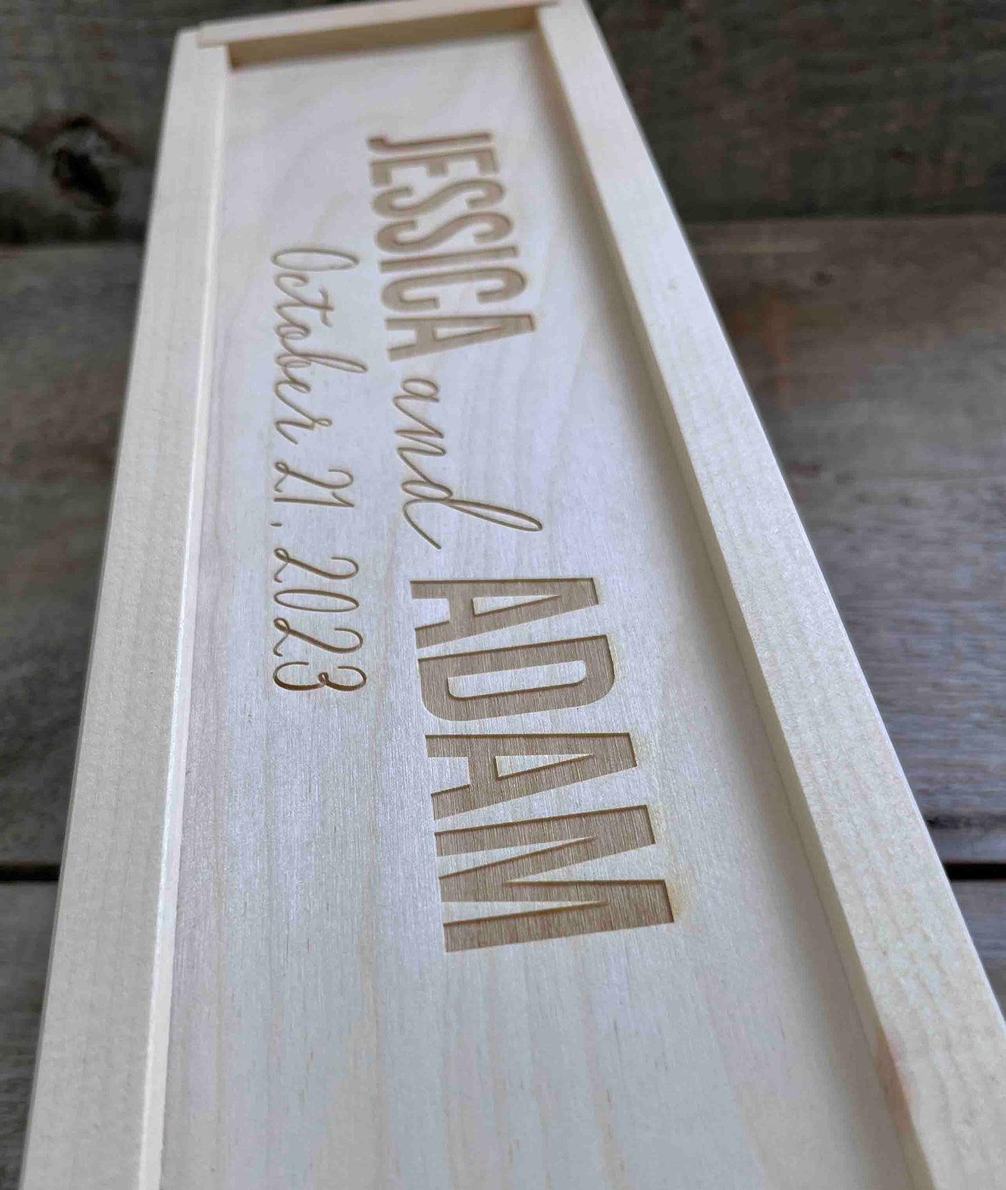Custom Engraved Pine Wine Boxes - Design 29 Names and Date Memories Made Custom