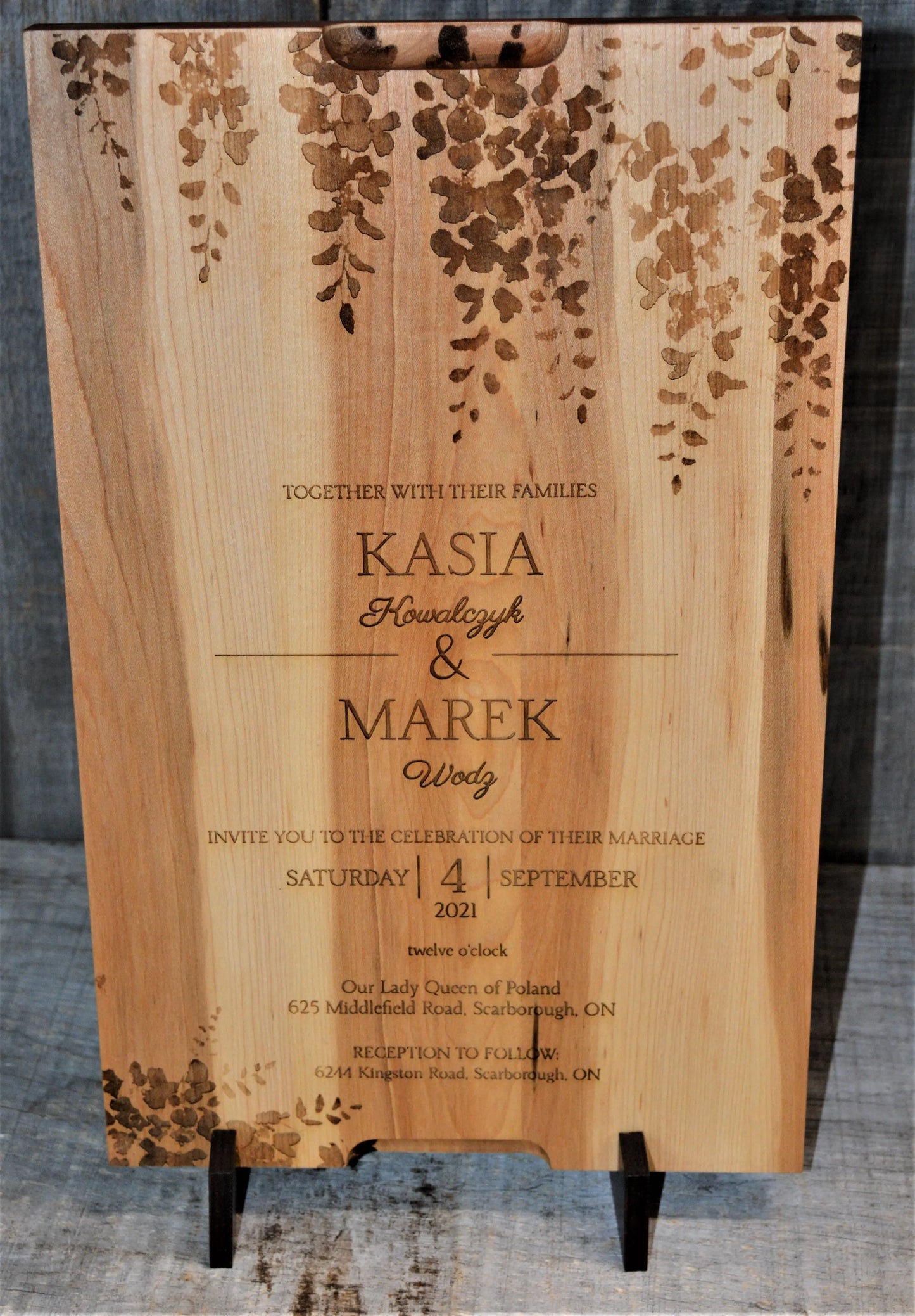Wedding Invitation Engraved into Custom Solid Maple Cutting Board.