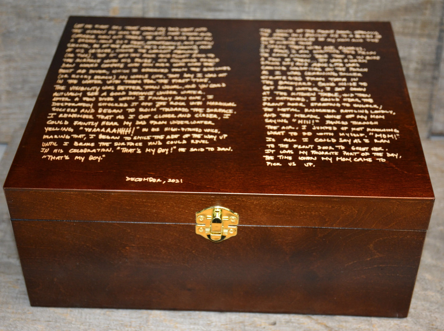 Handwriting Engraved into Premium Wooden Gift Box Hinged Lid With Clasp.