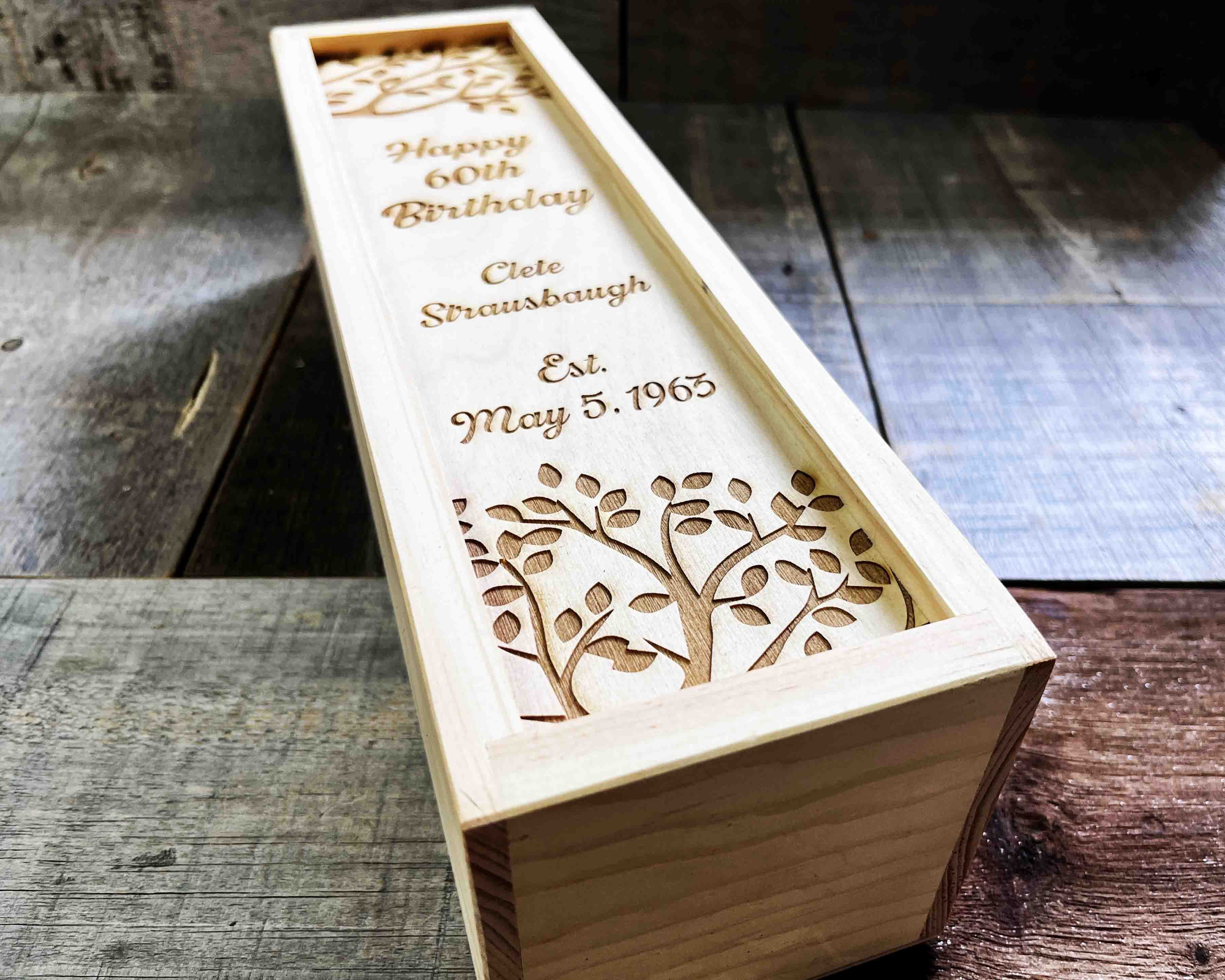 Custom Engraved Pine Wine Boxes - Design 32 Happy Birthday.
