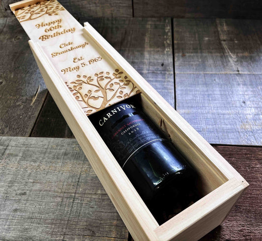 Custom Engraved Pine Wine Boxes - Design 32 Happy Birthday.