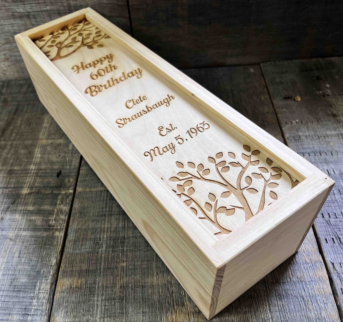 Custom Engraved Pine Wine Boxes - Design 32 Happy Birthday.