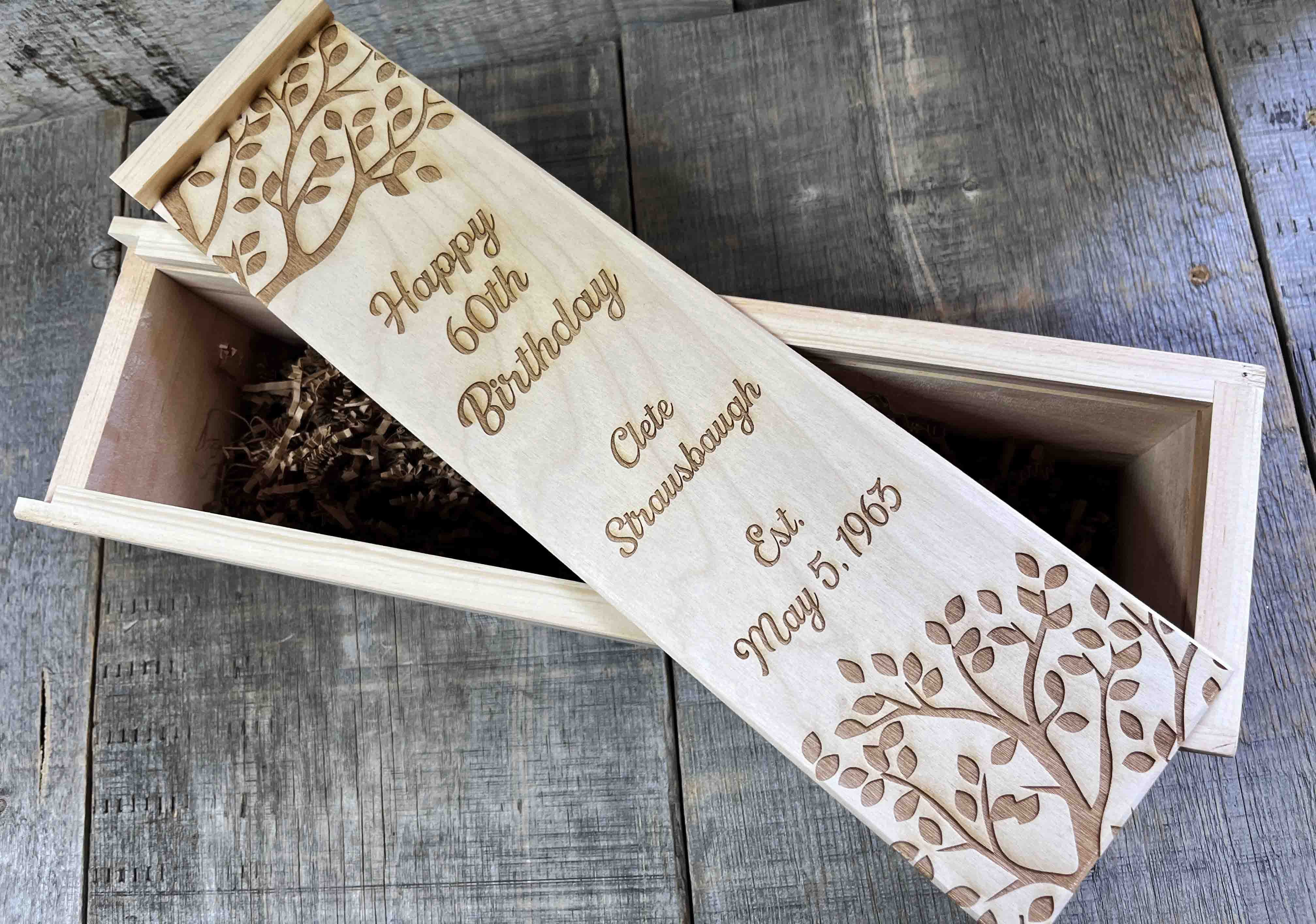 Custom Engraved Pine Wine Boxes - Design 32 Happy Birthday.