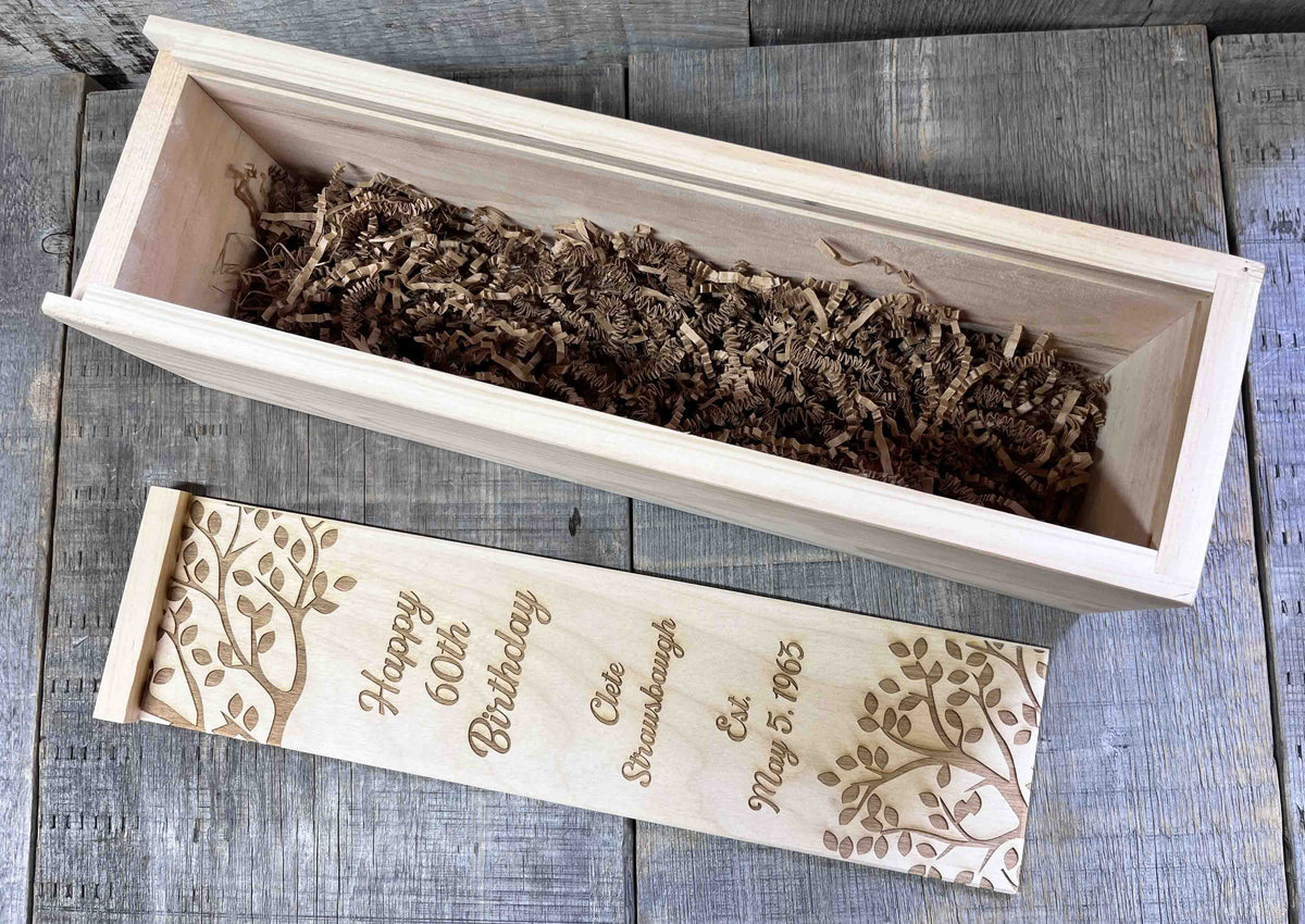 Custom Engraved Pine Wine Boxes - Design 32 Happy Birthday.