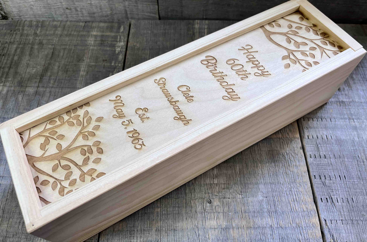 Custom Engraved Pine Wine Boxes - Design 32 Happy Birthday.
