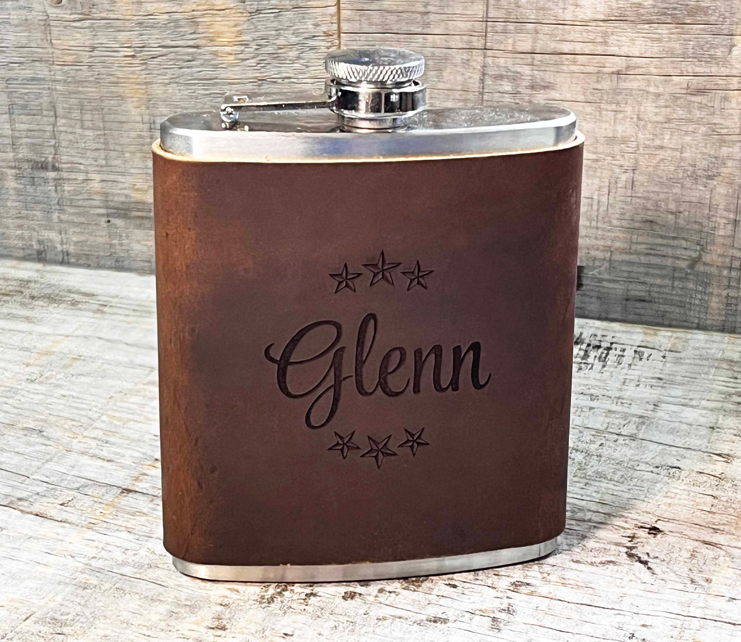 Cowboy Leather Engraved Flasks.