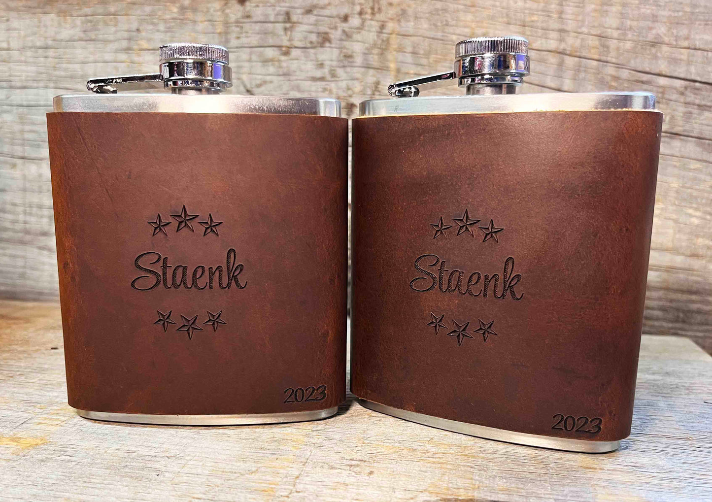 Cowboy Leather Engraved Flasks.