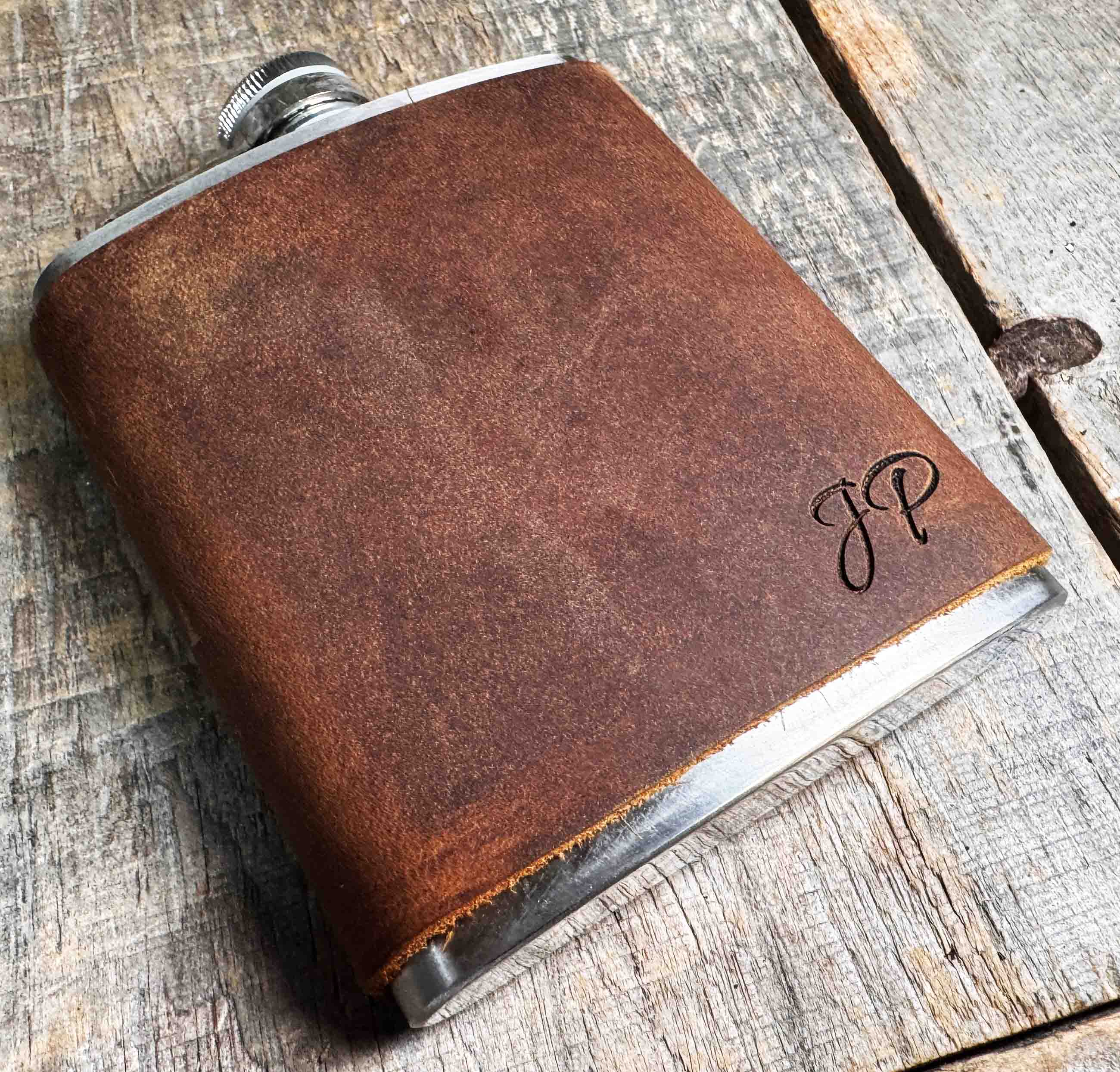 Cowboy Leather Engraved Flasks with Engraved Initials Memories Made Custom