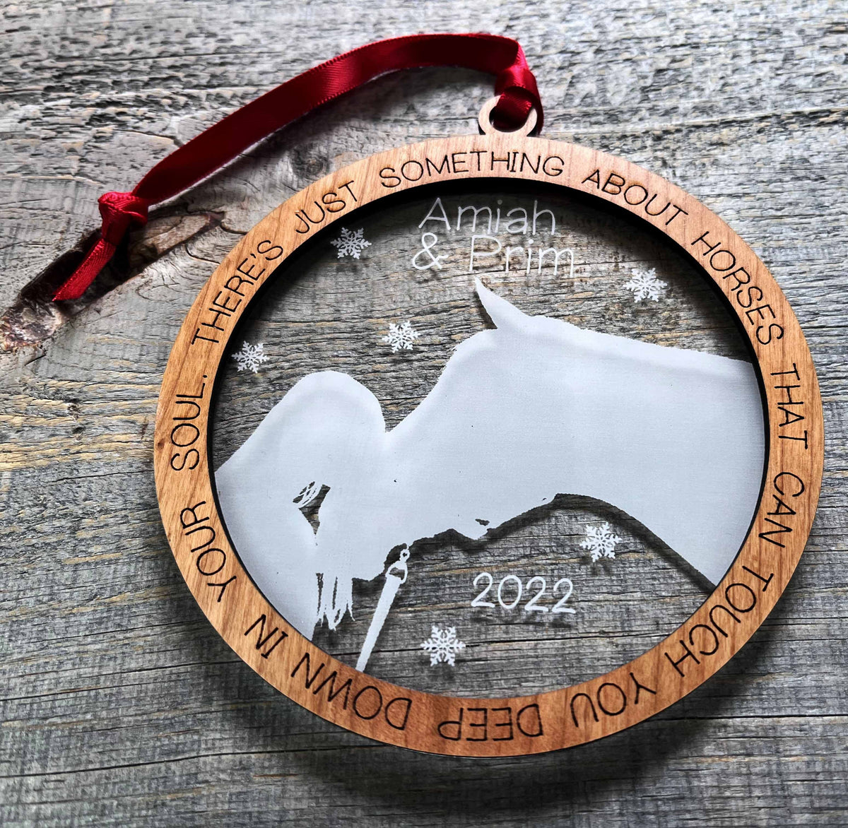 Horse Lovers Custom Ornament | Laser Engraved Acrylic & Walnut | Personalized Equestrian Christmas Gift