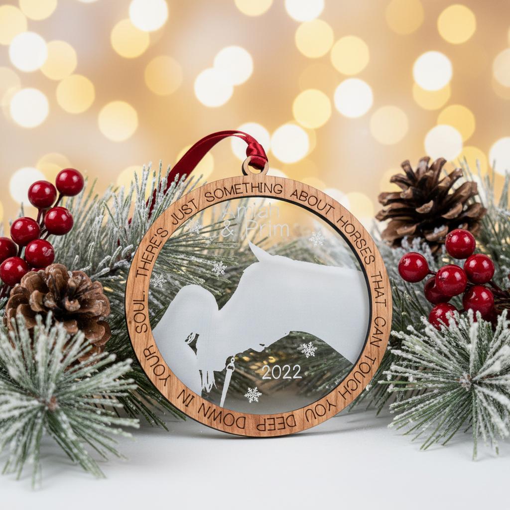 Horse Lovers Custom Ornament | Laser Engraved Acrylic & Walnut | Personalized Equestrian Christmas Gift