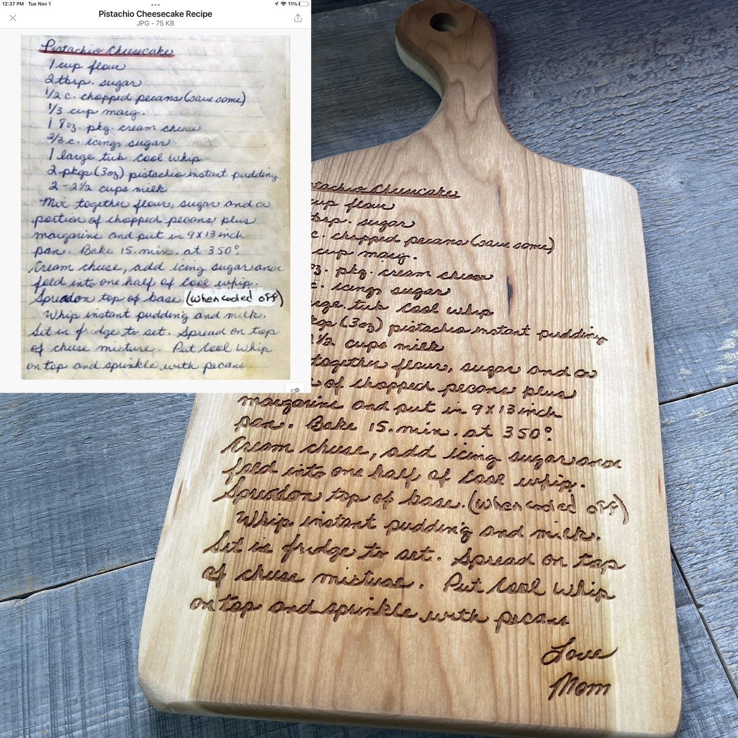 Handwritten Recipe Cutting Board | Engraved Live Edge Canadian Hardwood