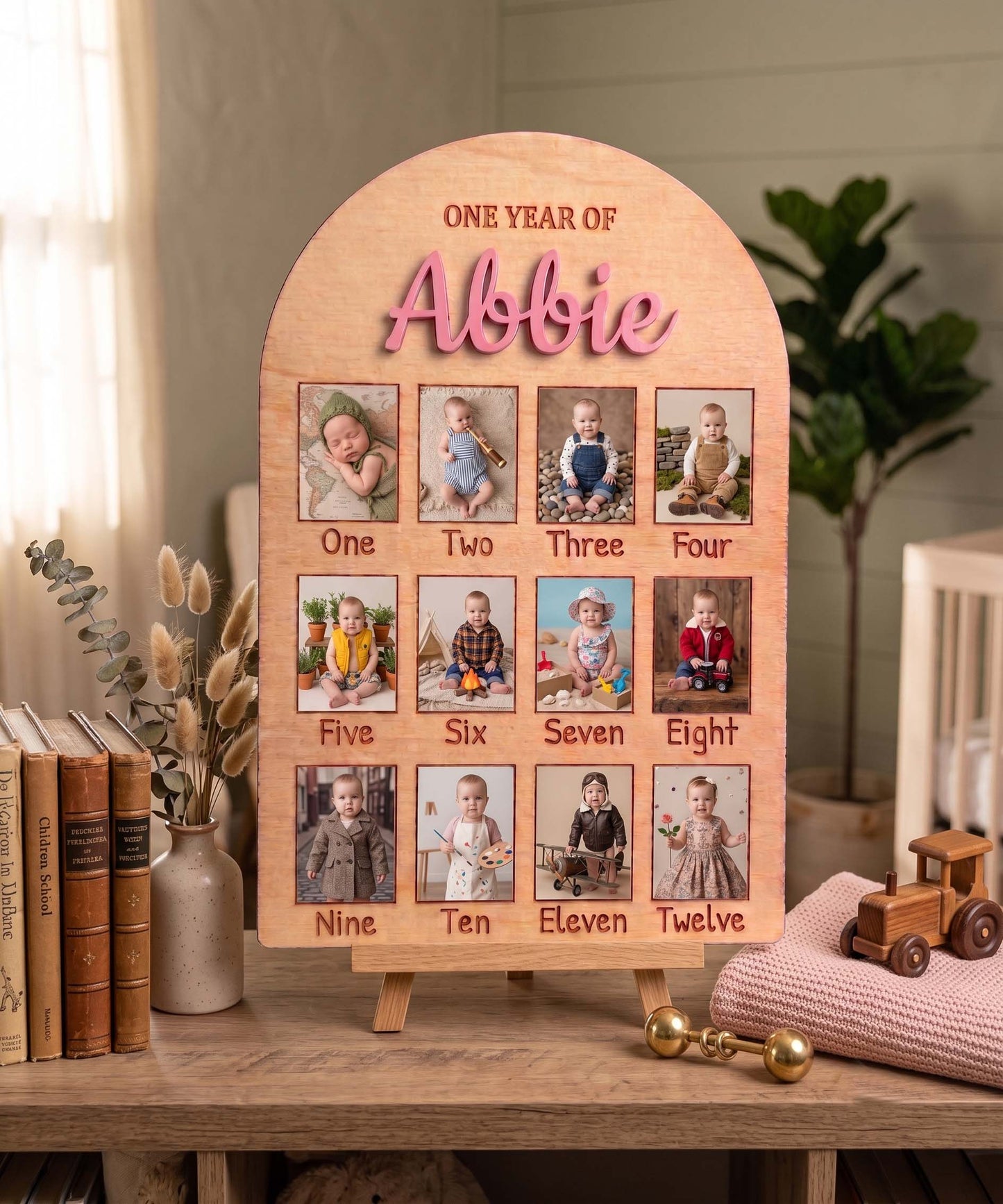 Personalized First Birthday Wooden Photo Board | 12 Month Milestone Display