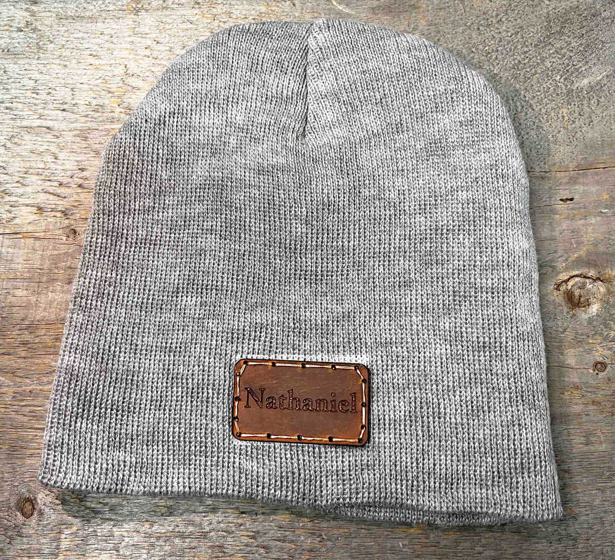 Beanie Hat with Custom Leather Patch Memories Made Custom