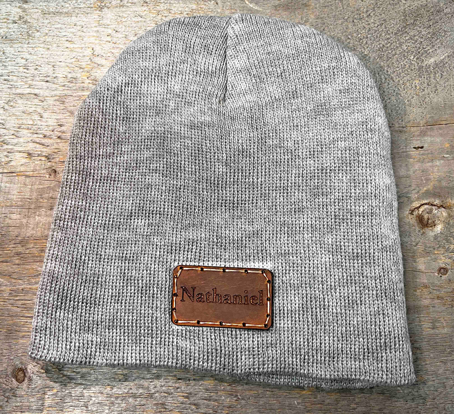 Beanie Hat with Custom Leather Patch