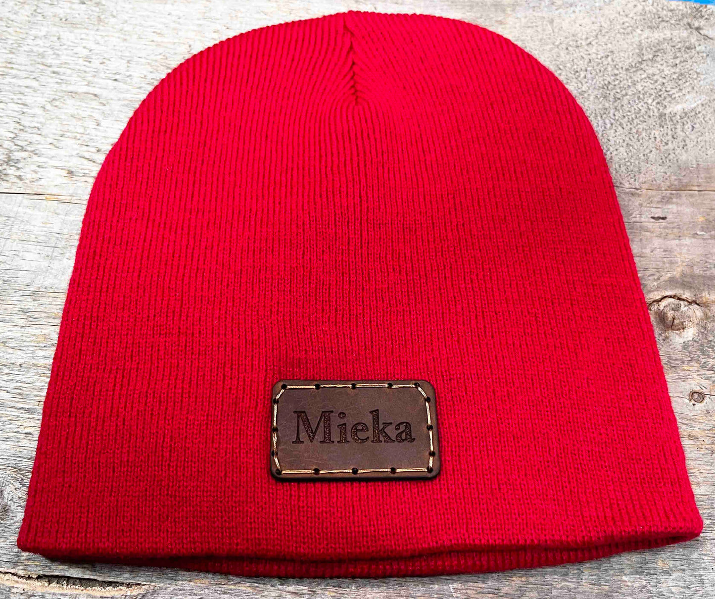 Beanie Hat with Custom Leather Patch