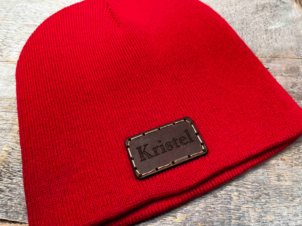 Beanie Hat with Custom Leather Patch Memories Made Custom