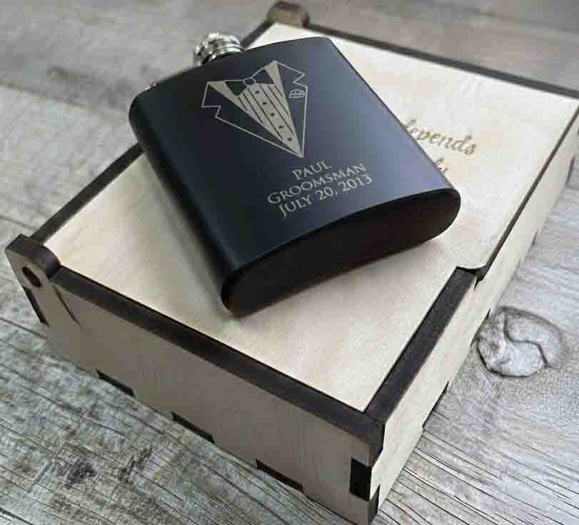 Personalized 6oz Stainless Steel Flask | Custom Engraved Groomsmen Gift | Tuxedo Design
