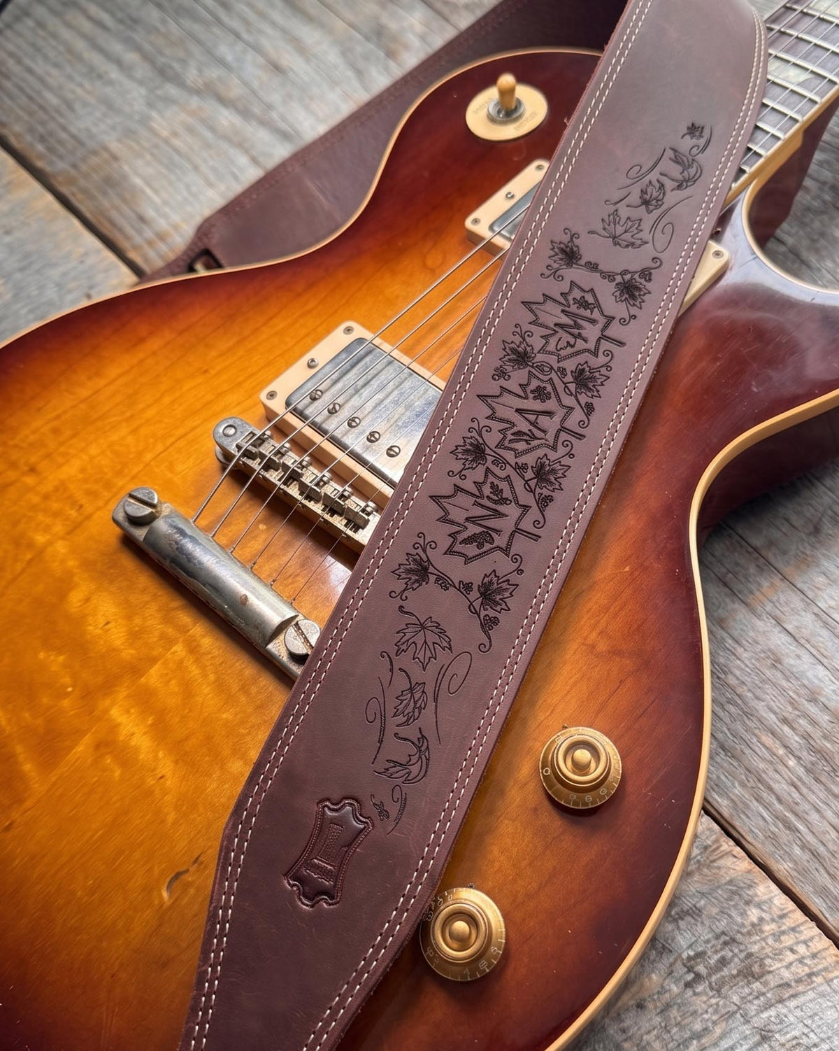 Engraved Leather Guitar Strap | Personalized Butter Leather Double Stitching