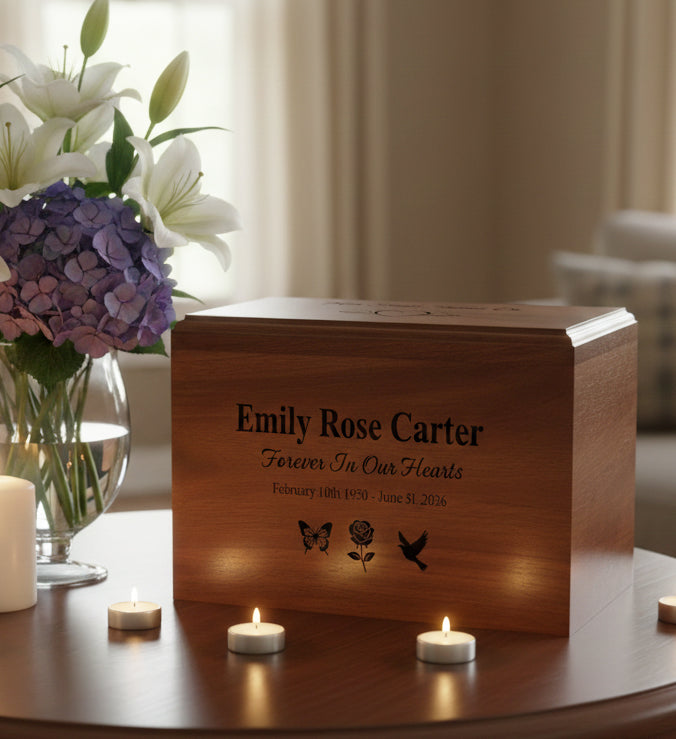 Wooden urn with engraved text and decorative elements on a table with candles and flowers.