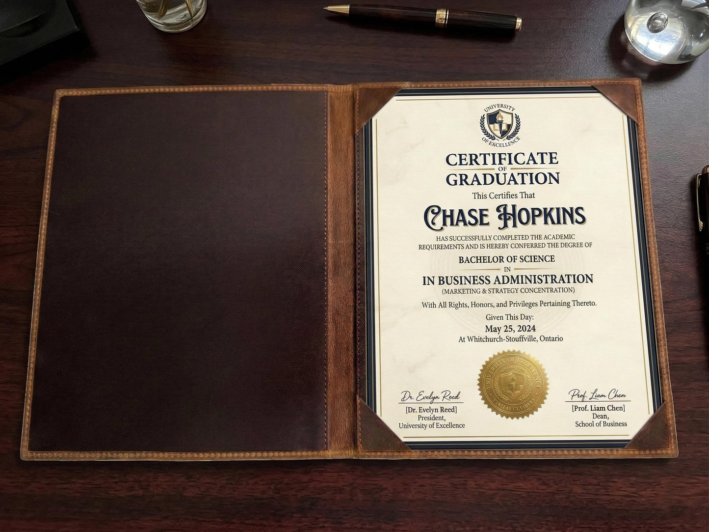 Graduation certificate in a leather holder on a wooden surface
