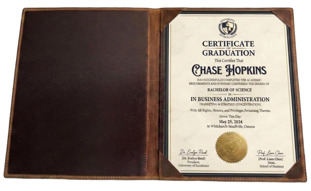 Graduation certificate in a leather holder with a gold seal