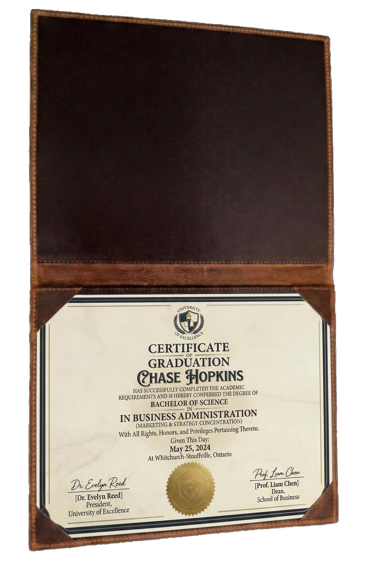 Professional leather certificate cover made in Canada featuring secure corner tabs and personalized laser engraving for