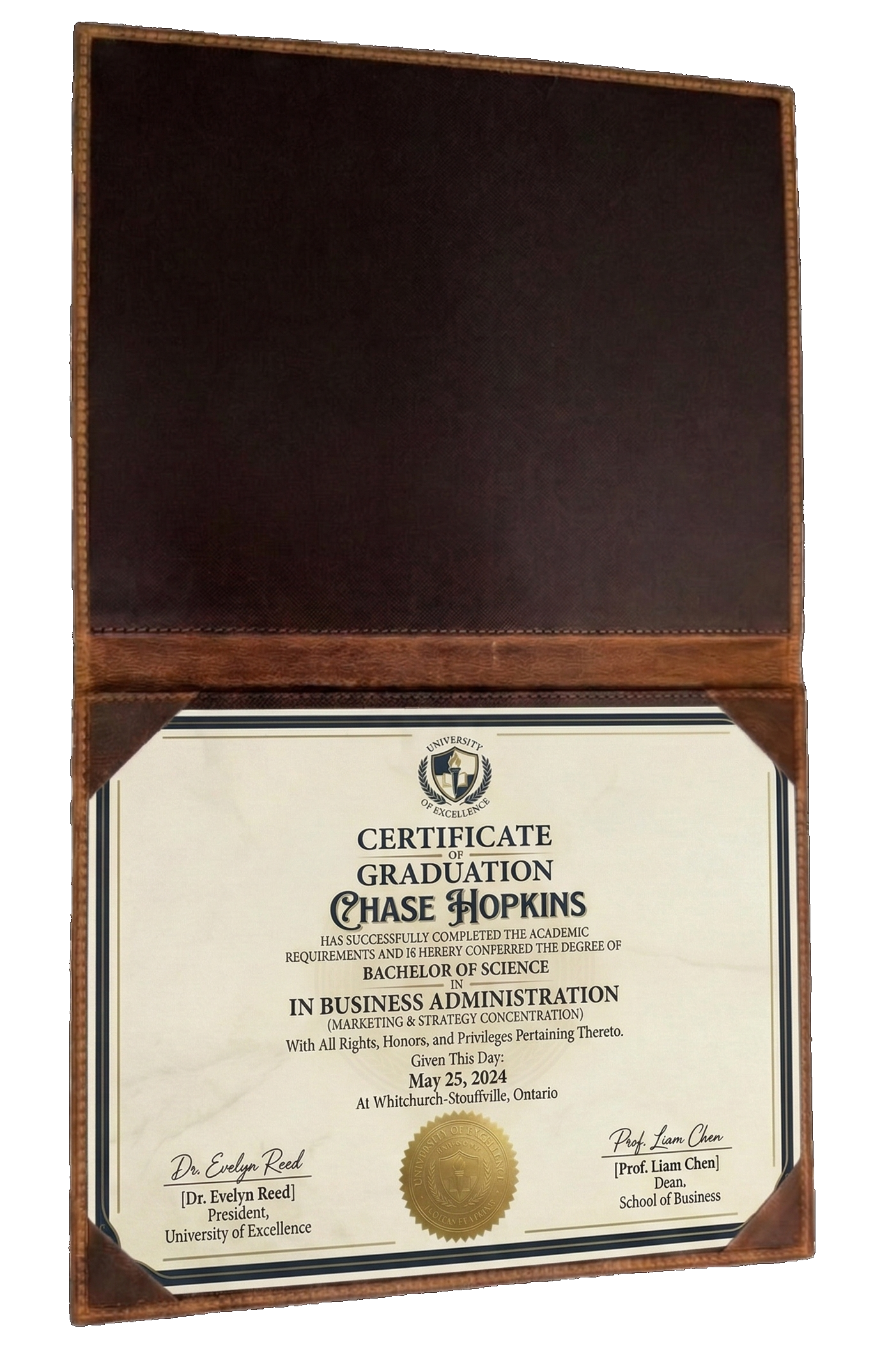 Professional leather certificate cover made in Canada featuring secure corner tabs and personalized laser engraving for