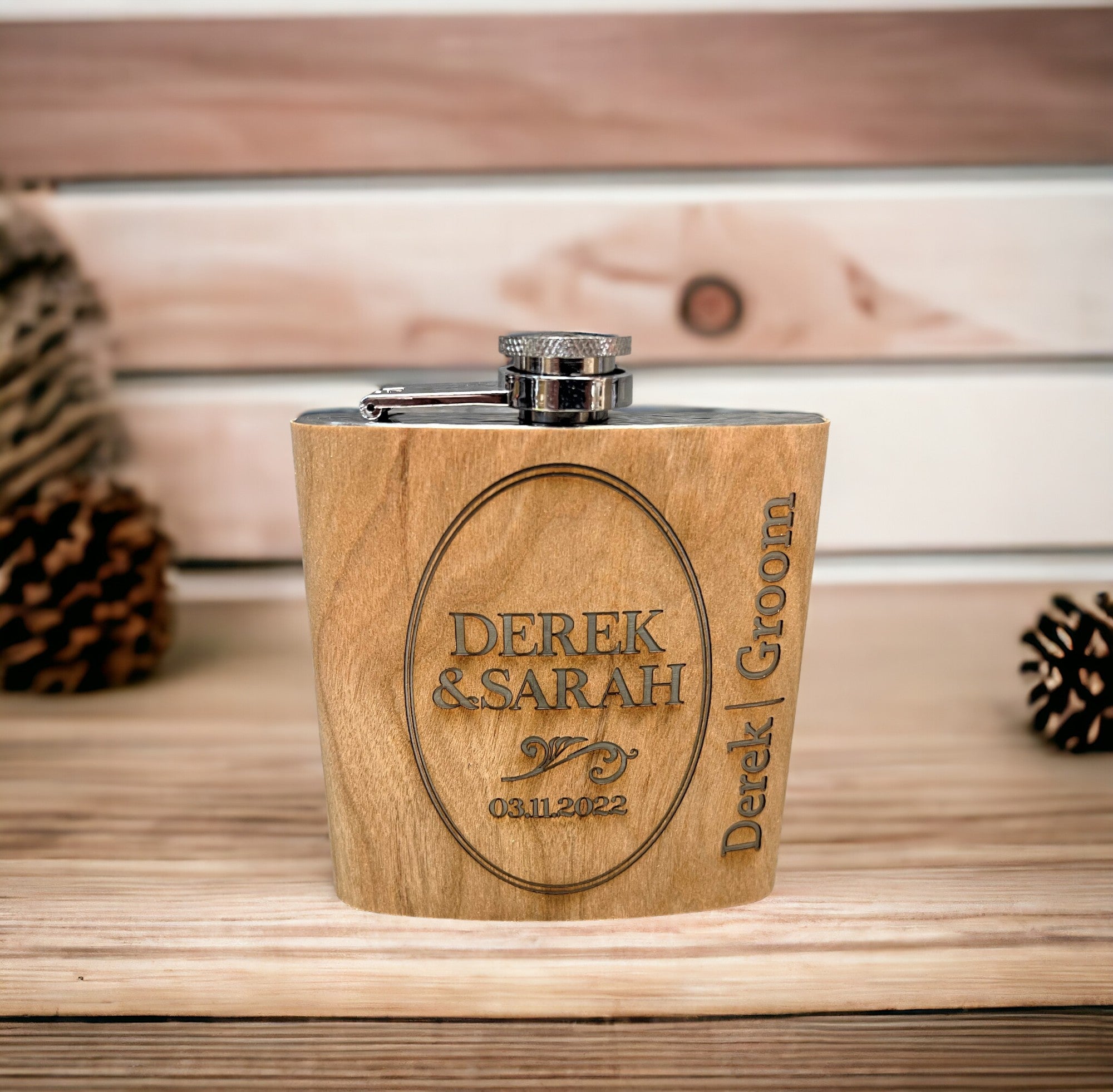 Cherry Wood Engraved Flask Design 1