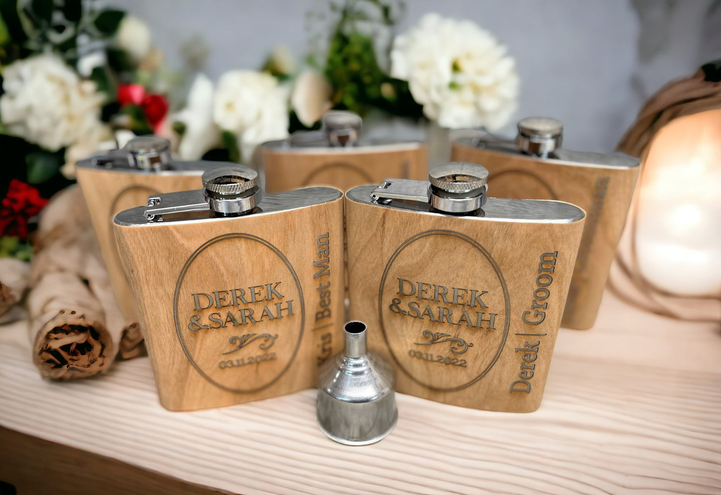 Cherry Wood Engraved Flask Design 1