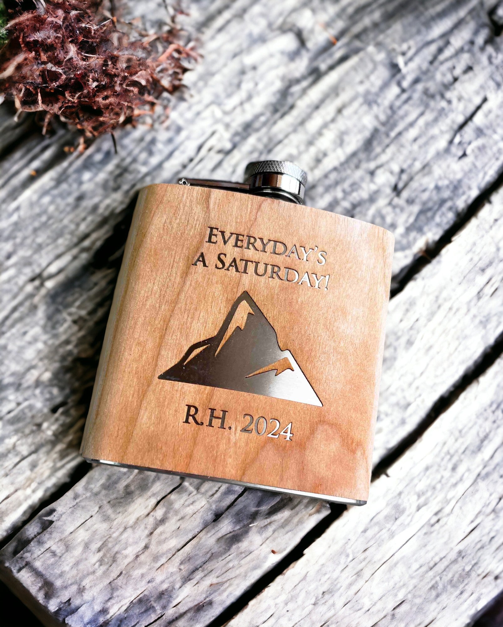 Cherry Wood Engraved Flask Design 3