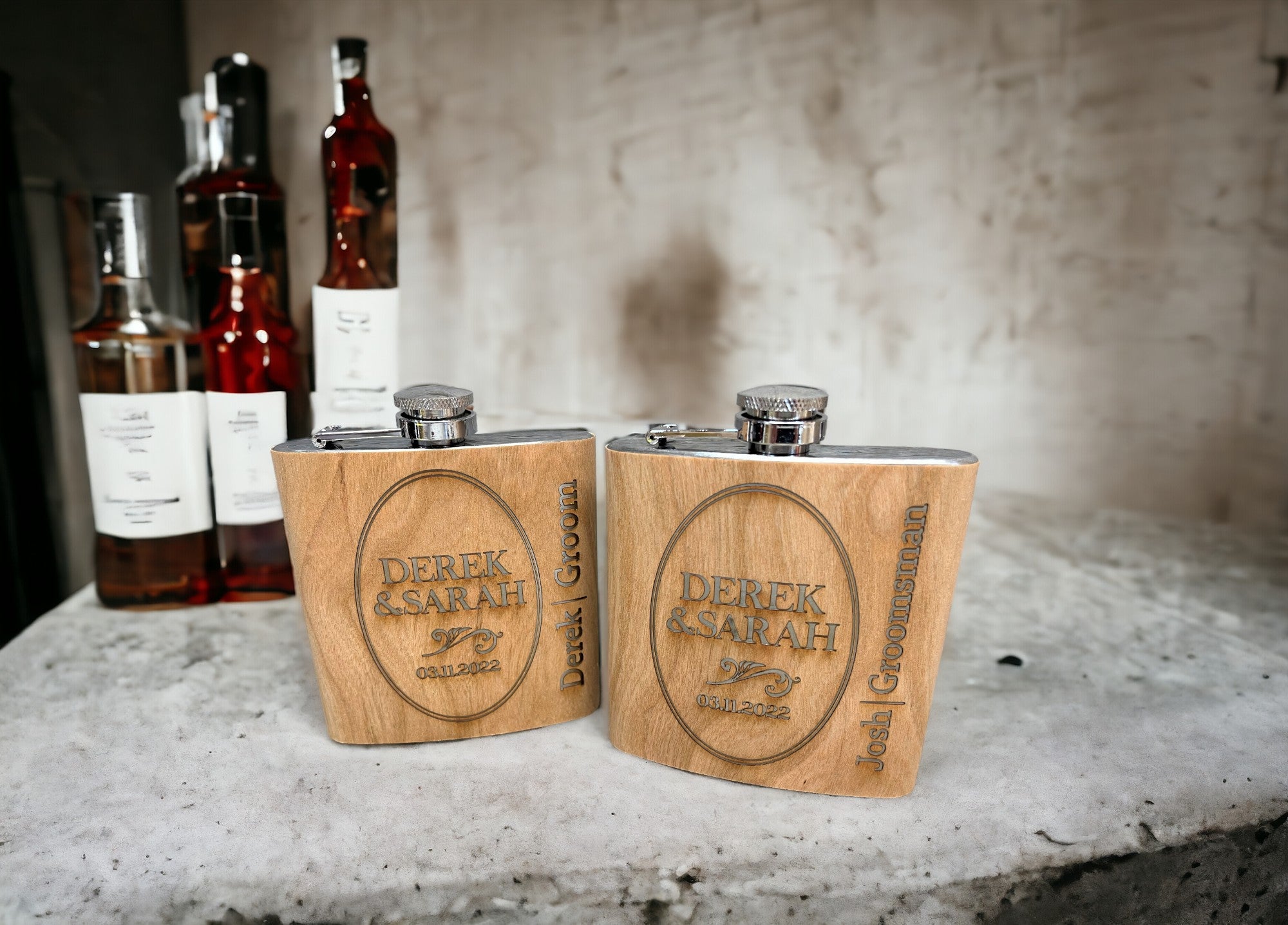 Cherry Wood Engraved Flask Design 1