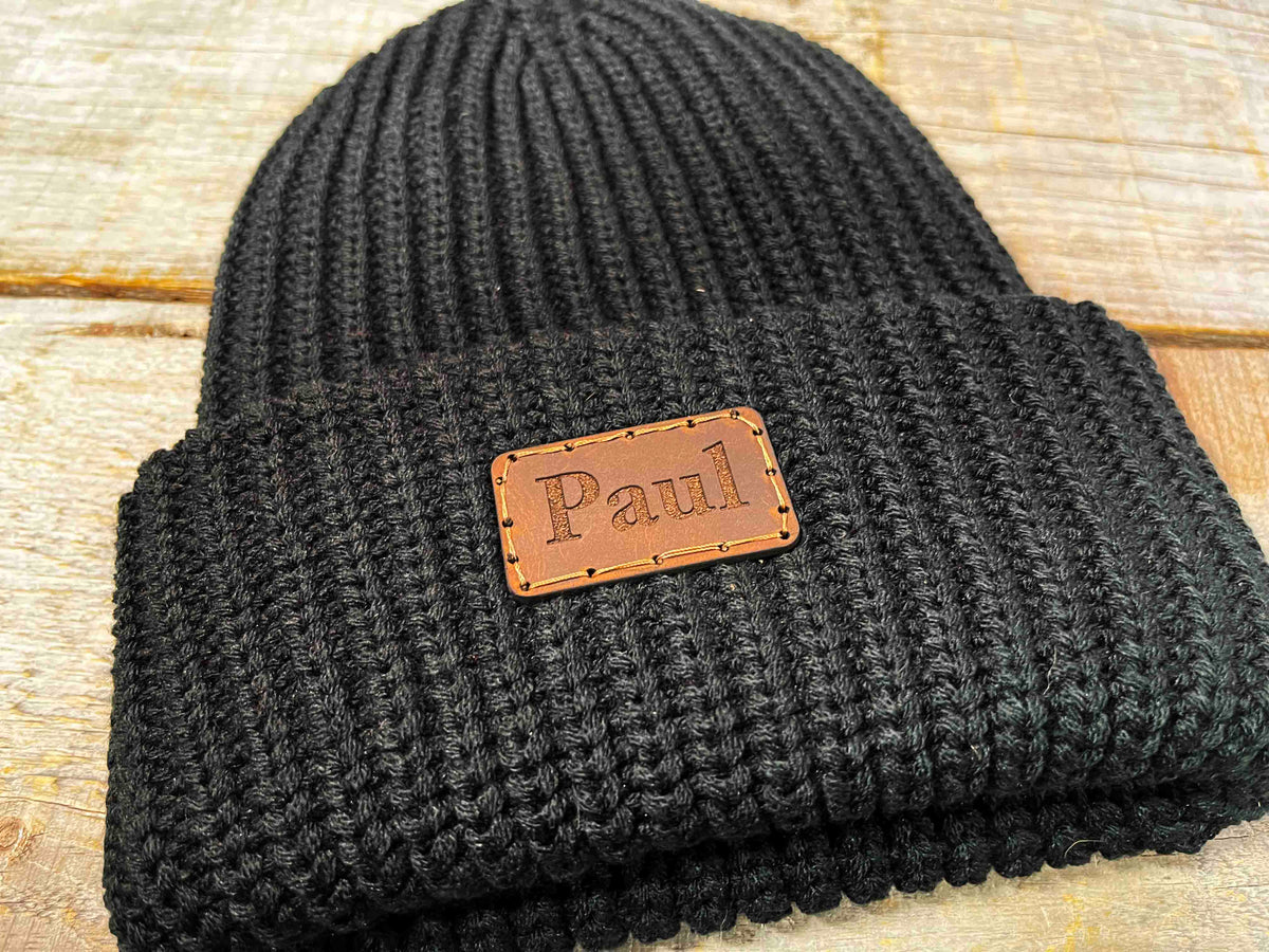Chunky Knit Hat with Custom Leather Patches Memories Made Custom