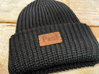 Chunky Knit Hat with Custom Leather Patches Memories Made Custom