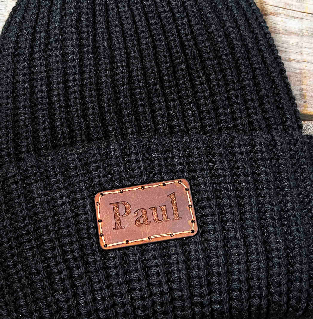 Chunky Knit Hat with Custom Leather Patches Memories Made Custom