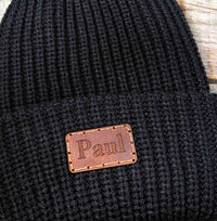 Chunky Knit Hat with Custom Leather Patches Memories Made Custom