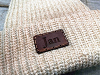 Chunky Knit Hat with Custom Leather Patches Memories Made Custom