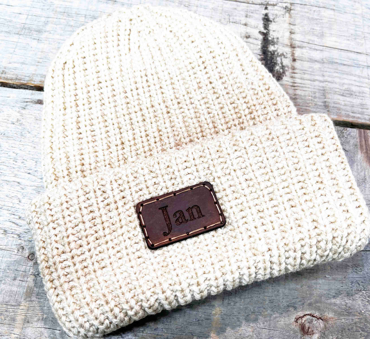 Chunky Knit Hat with Custom Leather Patches Memories Made Custom