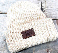 Chunky Knit Hat with Custom Leather Patches Memories Made Custom