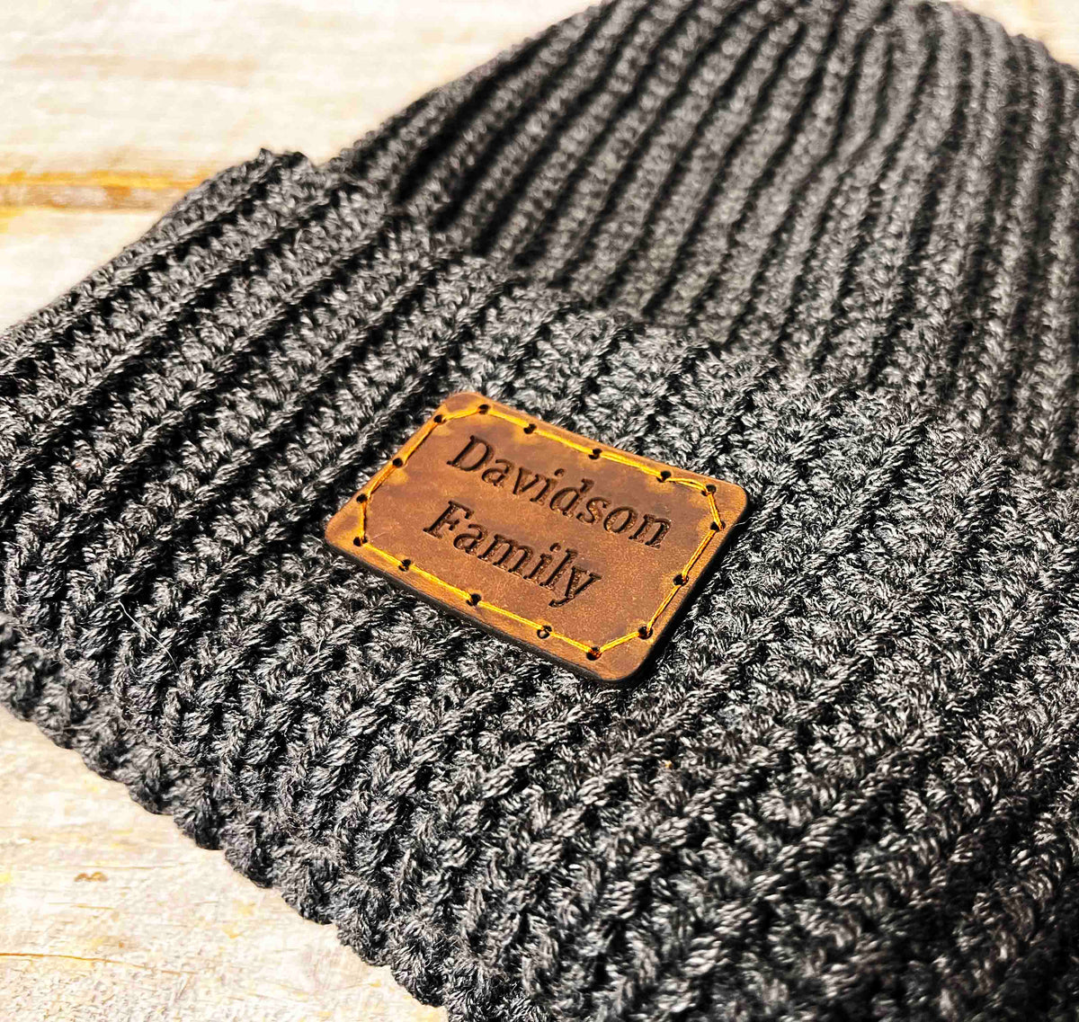 Chunky Knit Hat with Custom Leather Patches Memories Made Custom