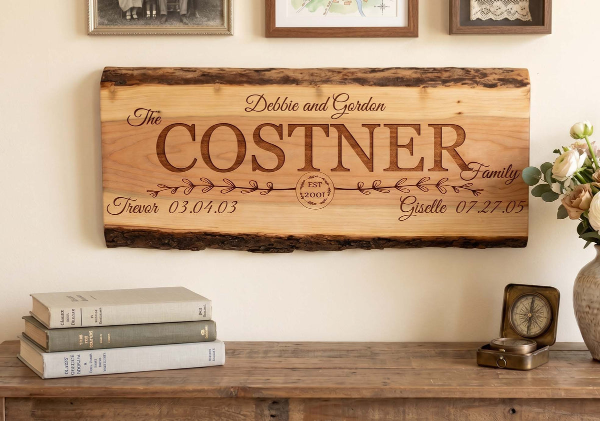 Custom Live Edge Cherry Wood Sign | Family Name & Dates