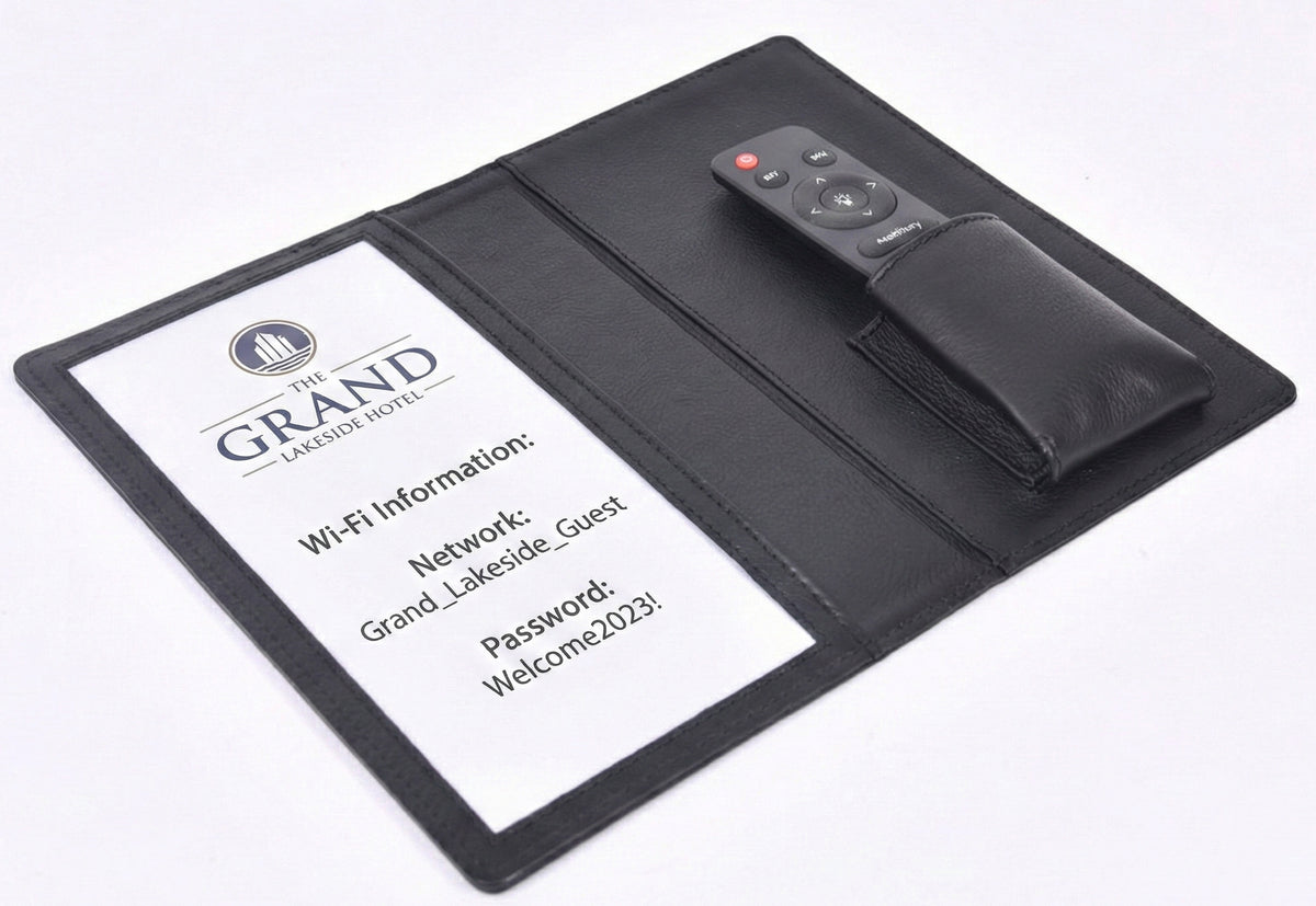 Personalized black full-grain leather TV remote case with custom embossed Memories Made logo for luxury home organization.