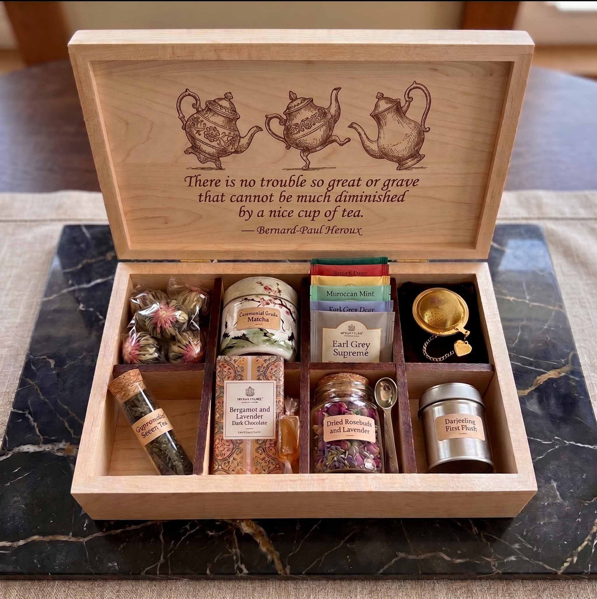 Heirloom Quality Custom Engraved Canadian Maple Tea Box | Made in Canada