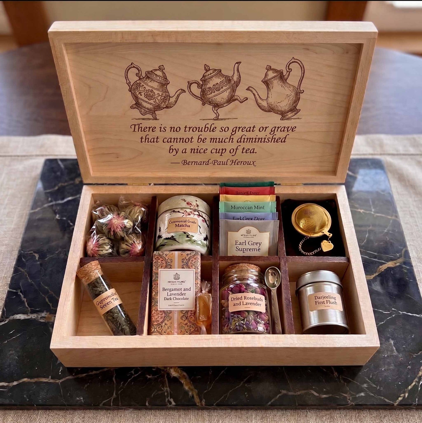 Heirloom Quality Custom Engraved Canadian Maple Tea Box | Made in Canada