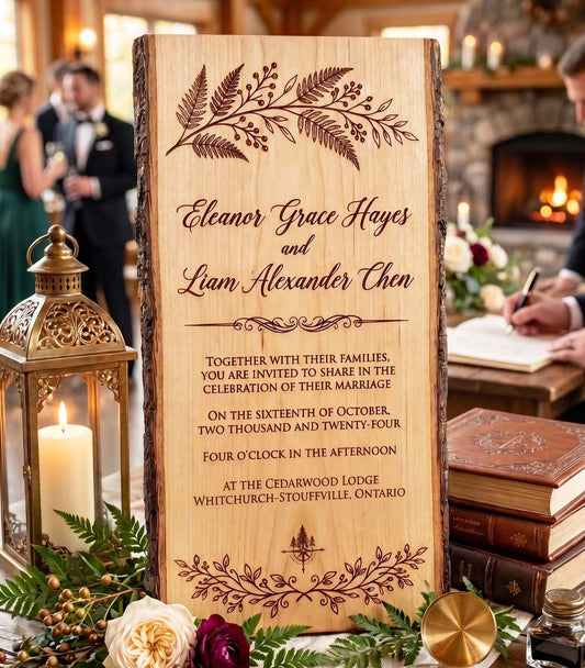 Wedding Invitation Engraved on Cherry Wood | Canadian Made
