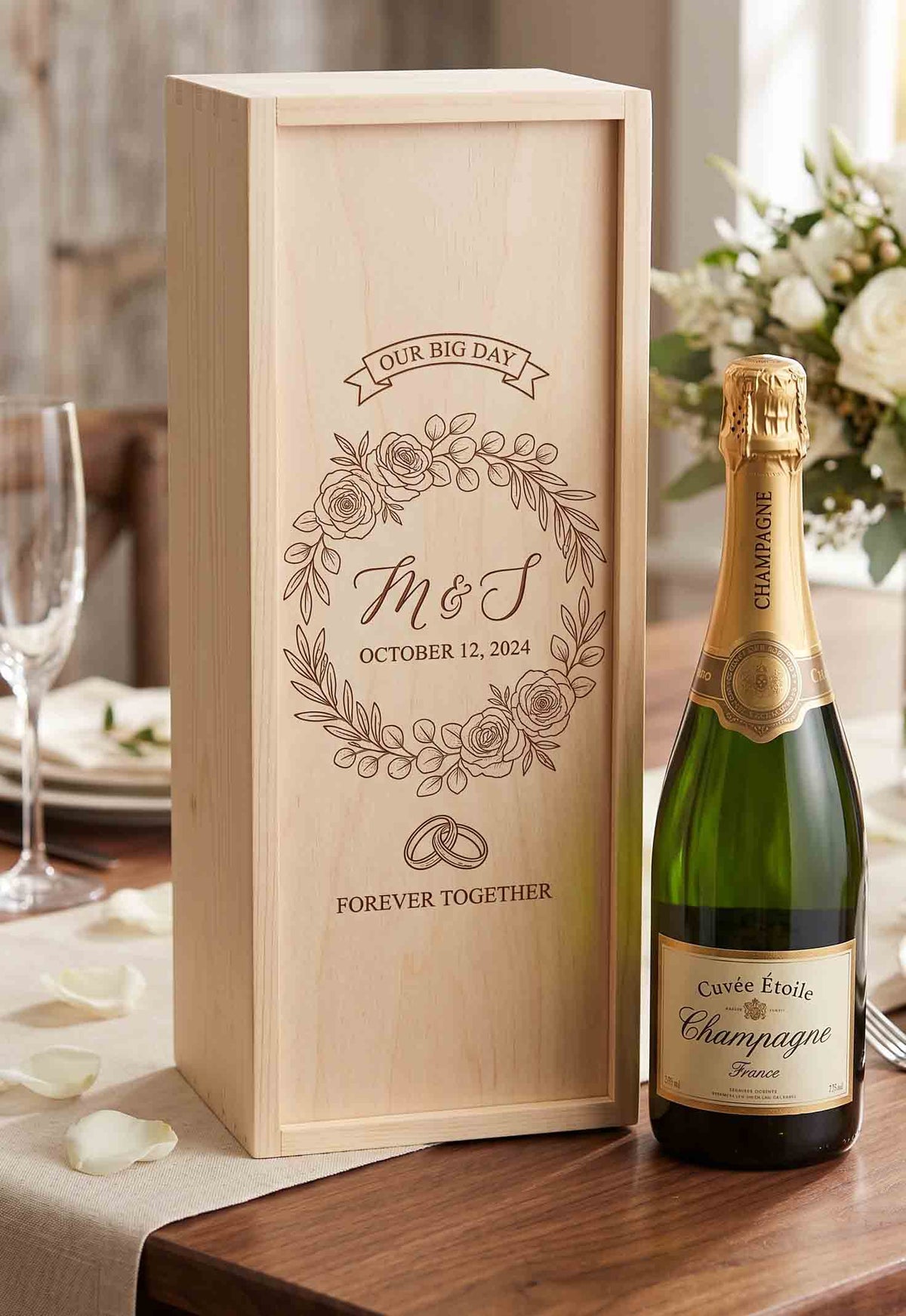 Personalized Pine Champagne Box | Custom Laser Engraved Champagne Box for Any Occasion
