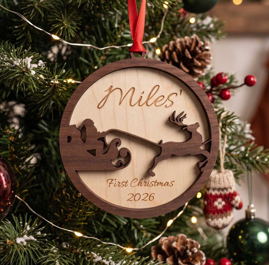 Baby's First Christmas Ornament | Santa Sleigh | Custom Laser Engraved Maple Wood